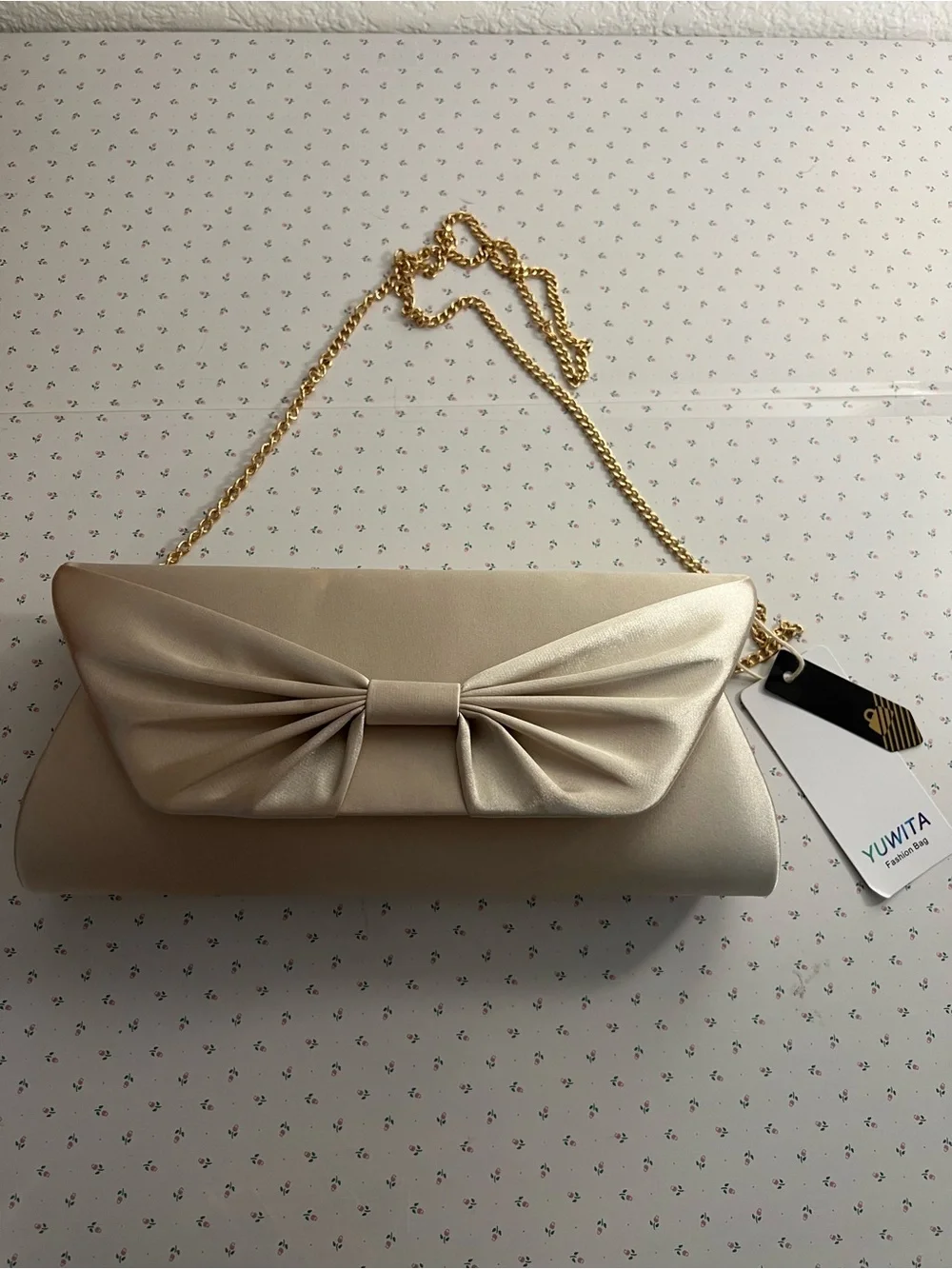Satin Bow Clutch with Gold Chain Strap - NWT